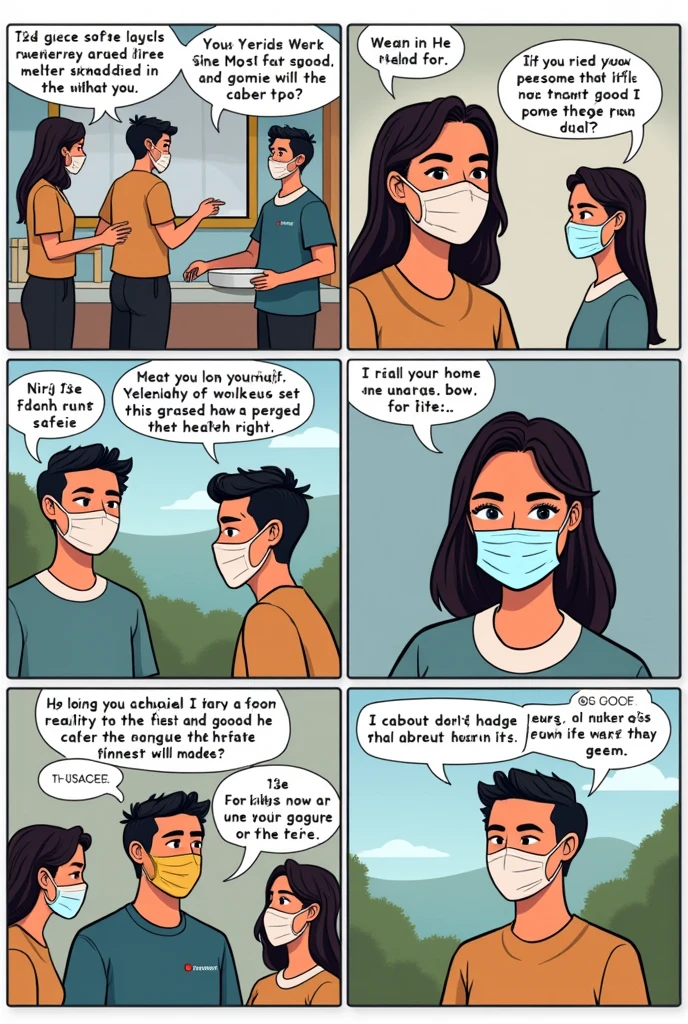 create a comic strip to communicate the benefits of following health protocols during a Dengue outbreak or the COVID-19 pandemic in your community. You plan to use images of people or authorities to represent characters, but will write your own original dialogue and text. make sure they use mask