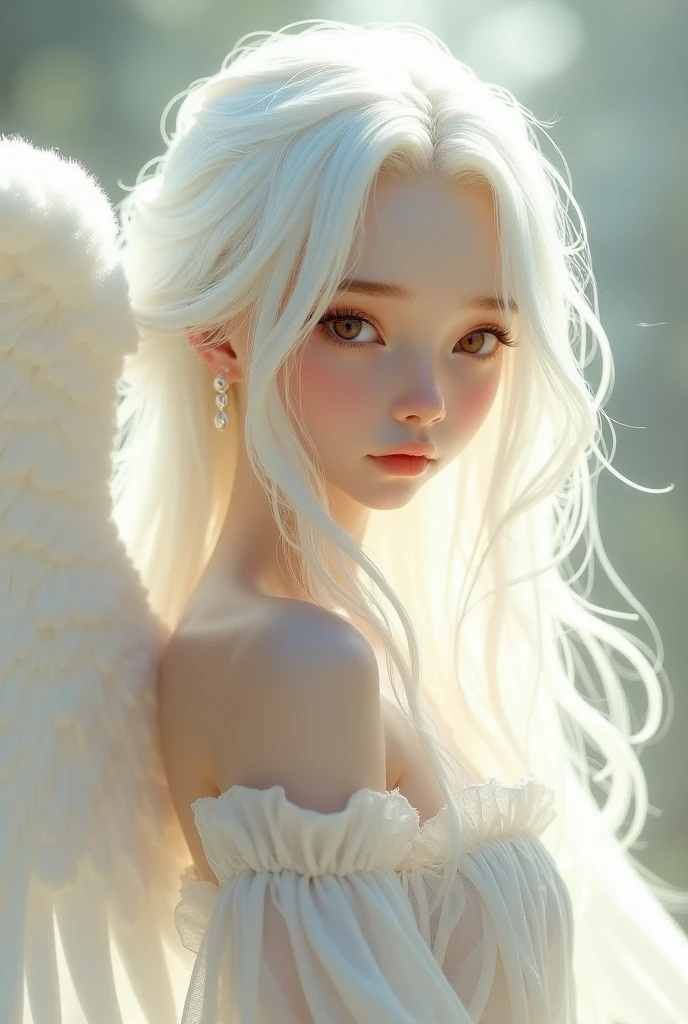 A girl whose skinny, tall, long white hair, brown eyes, big eyes, have a white wings, clean, kind