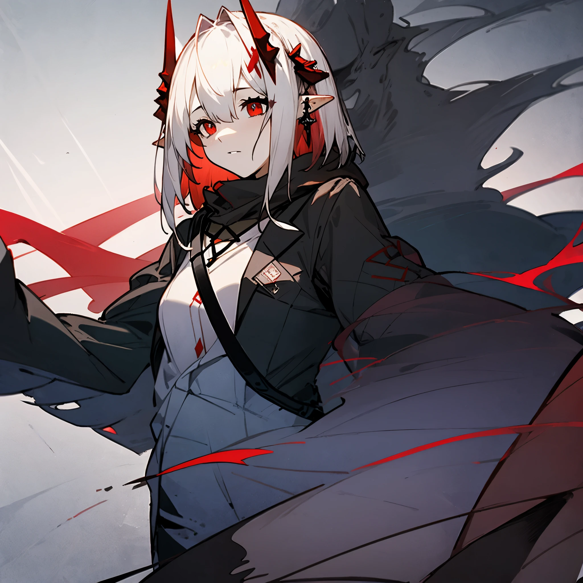 1girl, Fantasy creature characteristics, Mythological Creatures, Demon Girl, (highly detailed, masterpiece:1.2), There pairs of curved short horns above the ears., black horns, slit pupils, Four horns on the head, Upright ears, white hair, (red eyes), (gradient eyes), streaked hair, gradient hair, red bangs, Red overcoat with white Shirt, red scarf, Blue Jeans, short_hair, (whole body:1.3), flat_chest, The eyes are firm and confident, from arknights, warfarin_arknights, close-up, from below, projected inset, dutch angle, tachi-e, wide shot, best quality, 4k, 8k