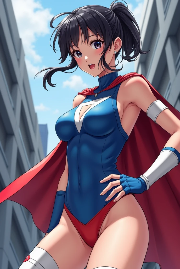Female, japanese, full body, round face, pretty, wide eyes, dark hair, ponytail, athletic build, medium breasts, spandex, red cape, one-pieced, tight, sleeveless, blue top with white sides, up side down white triangle symbol, belly cut-out bodysuit, red underwear, white thigh-high socks, red boots, short blue fingerless, white shooter sleeves, red domino mask, horny expressions.