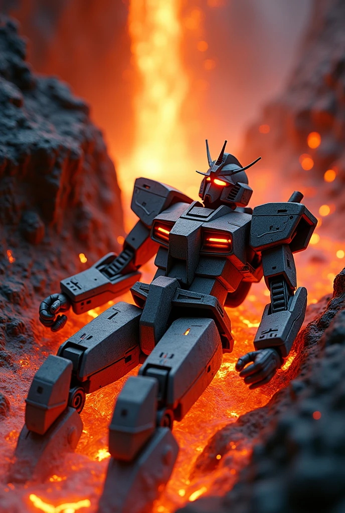 a gundam 78v2 robot, sleeping on lava, half body in lava, tilt-shift photography, upper angle shot, highly detailed, 8k, photorealistic, cinematic lighting, dramatic shadows, vibrant colors, glowing lava, weathered and damaged mech, intricate mech details, technical and mechanicala gundam 78v2 robot without legs and arms, sleeping on lava, tilt-shift photography, upper angle shot, battle damaged, lava waterfall background, 8k, high quality, realistic, photorealistic, cinematic lighting, dramatic, epic, masterpiece