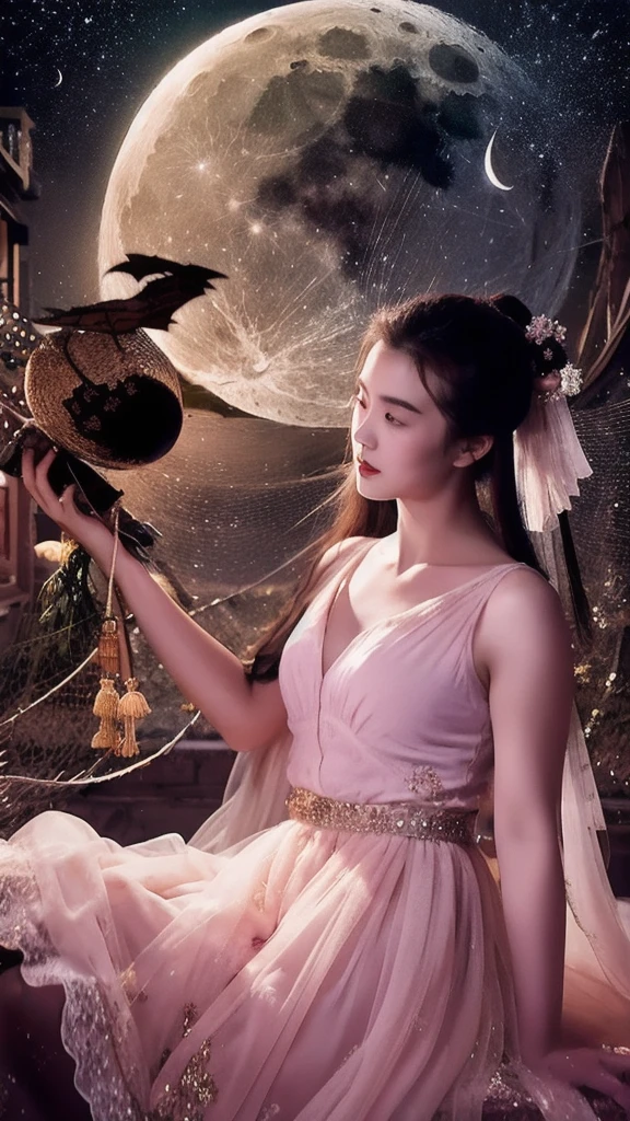 A young Chinese woman in an ancient, light pink, sheer dress stands amidst an ancient Chinese city. Her entire front is visible, bathed in the cool light of a full moon. Bats fly in circles around the moon.