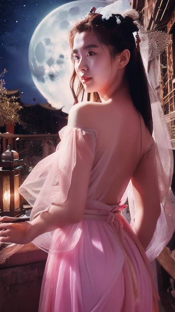 A young Chinese woman in an ancient, light pink, sheer dress stands amidst an ancient Chinese city. Her entire front is visible, bathed in the cool light of a full moon. Bats fly in circles around the moon.