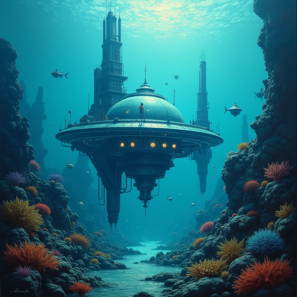 (best quality, 8K, high resolution, masterpiece), ultra detailed, oil painting, a futuristic underwater base submerged deep in the ocean, surrounded by glowing sea creatures and towering coral structures, painted in cool blues and greens with a mystical ambiance.