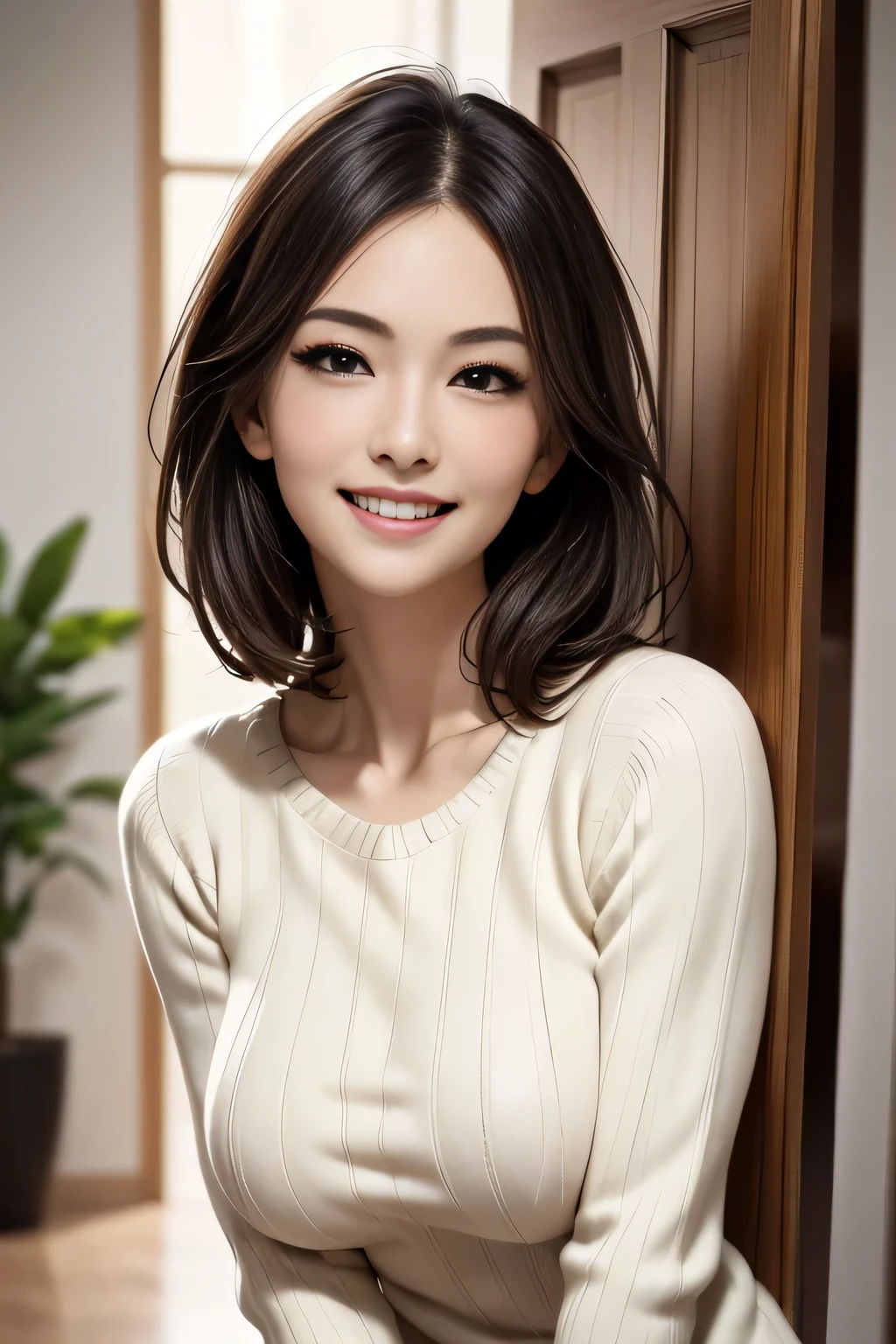 (8k, RAW Photos, Highest quality, masterpiece, Realistic, Realistic), (1 female), (Ultimate beauty), solo, Very detailedな顔, Detailed eyes, double eyelid, eyelash, smile, /(Modern house interior/), mature, /(Random color ribbed sweater/), blushed smile, (Highest qualityのmasterpiece:1.2) Delicate illustrations, Very detailed, Large Breasts、((Sweat,vapour))、In front of the entrance door、visit、(Full Shot))