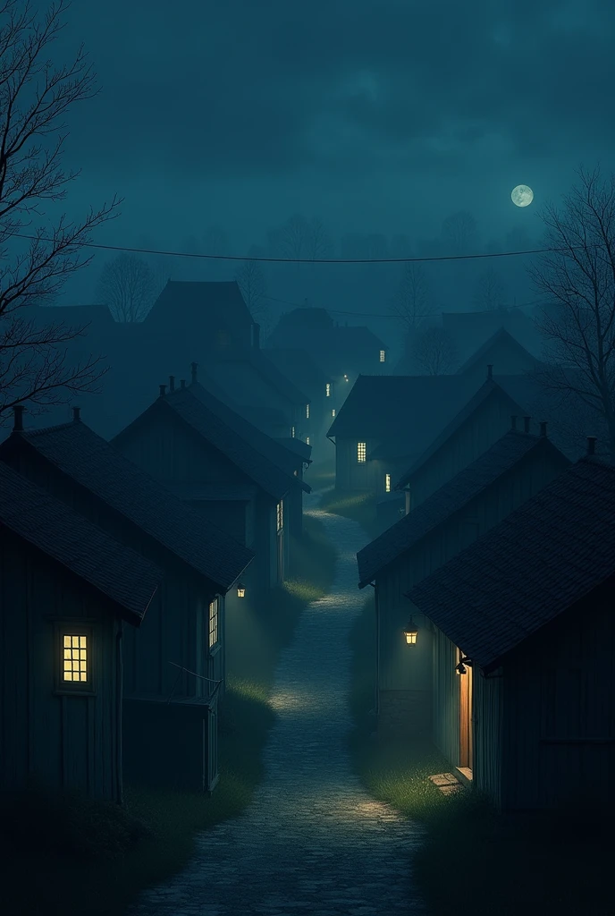 A night scene of the village. The windows of the houses are lit with a dim, flickering light. Shadows move unnaturally across the walls, and the air is filled with an eerie silence.