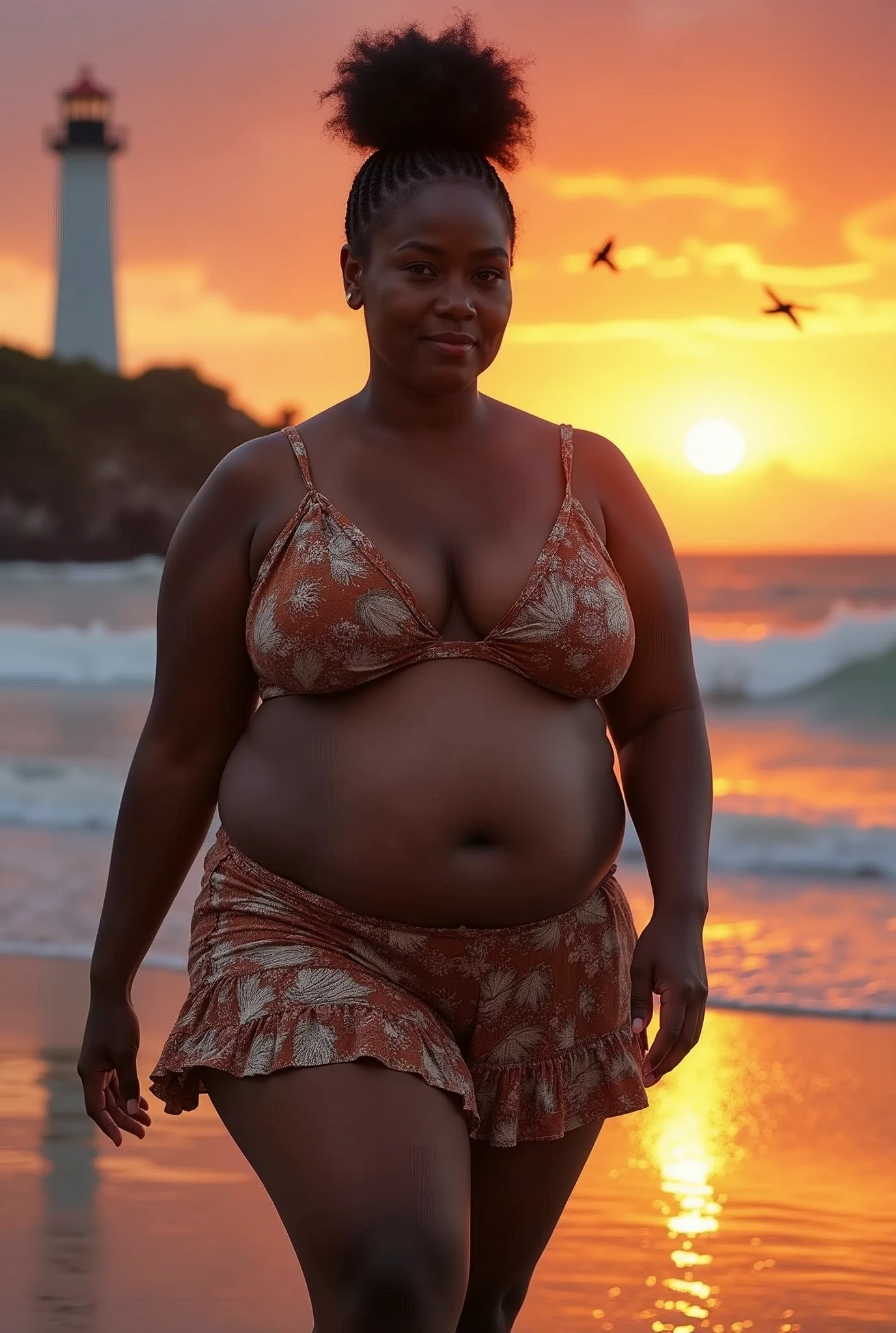 Beautiful Papua New Guinean MILF with huge E Cup saggy breasts, hair bun, shy smile, (masterpiece), best quality, expressive eyes, Melanesian woman, (plus size model), dark chocolate skin, ((Huge XXL Breasts)). (Wide hips and huge booty), short hair braids, she is walking on the beach, highly detailed photo, sunset and lighthouse backdrop, waves breaking on the shores, birds flying in the distant sky, very colourful sunset sky, (Plus Size Black Melanesian woman), very short braids, shy smile, NSFW, beautiful legs, in front of a waterfall, flower garden and butterflies. high defintion photo, highly detailed photo.