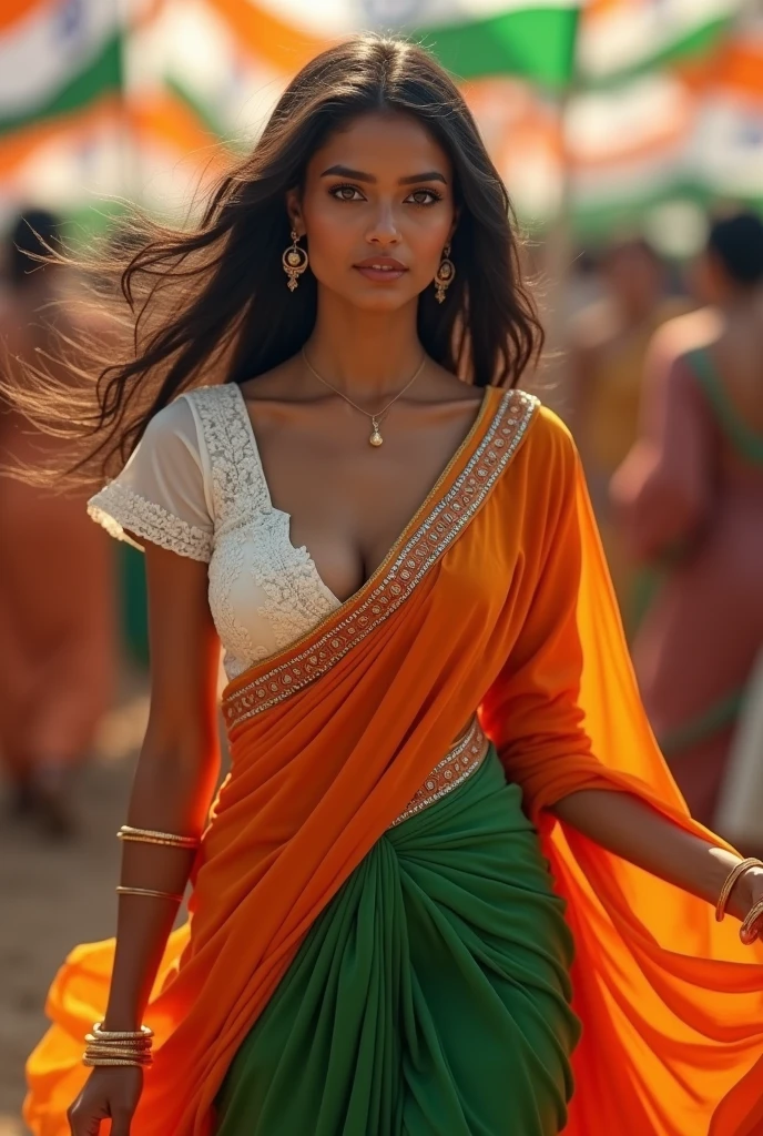 In the view of independence day a indian woman wears a sari safforn color and a blouse white colour , her outfit is made up of tricolour saffron, white, green, looking stunning, sexy, hot, deep cleavage,