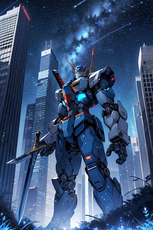 ((Giant robot with sword)) ((Starry Sky)) ((Between the Skyscrapers)) ((Blue and white color scheme))