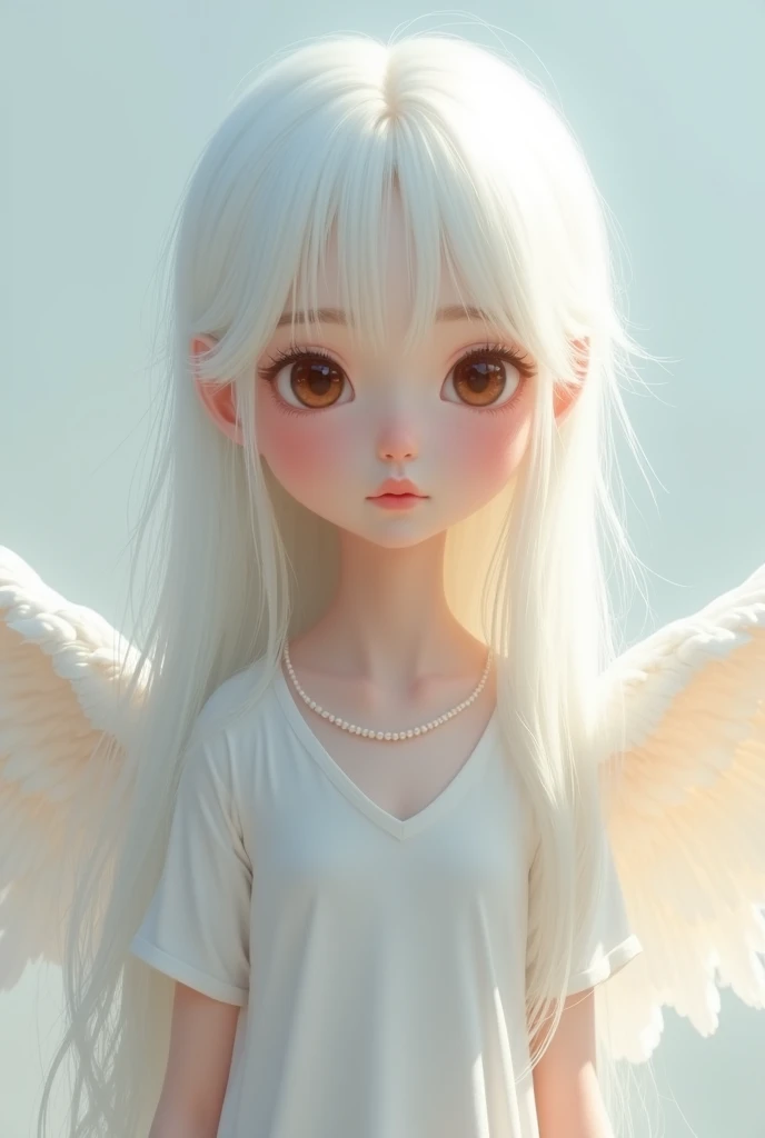 A girl whose skinny, tall, long white hair, brown eyes, big eyes, have a white wings, clean, kind, gorgeous dress, realistic