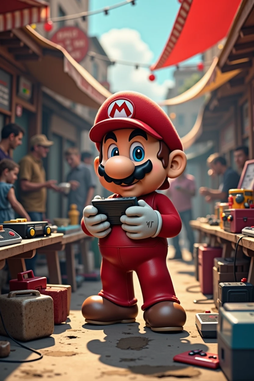 Super Mario is at a flea market stall with retro video games and a game in his hand