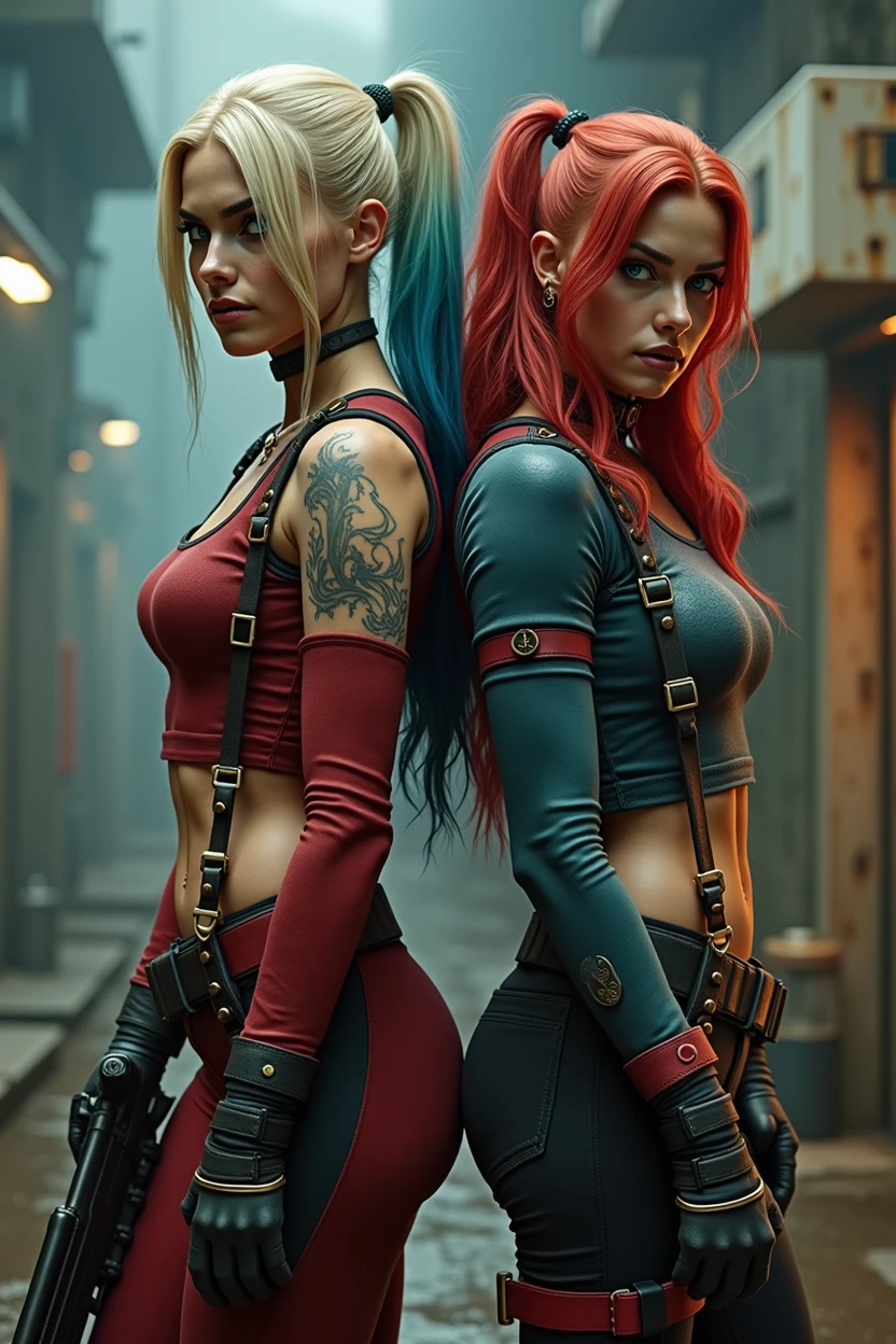 a detailed realistic M_SHOT of HARLEY QUINN AND GINGER GIRL standing back to back warrior, holding a shotgun--- cinematic=canon 5d, ultra skin intricate clothes accurate hands, BLUE eyes, perfect eyes, best quality, extremely sharp focus face, analog fine film grain, post-apocalyptic, cinematic, realistic, trending art station, helicopter, flag of israel. focus, studio photo, details, highly Rutkowski, intricate, busy, raw, 64k, isometric, digital smog, 3d render, octane volumetry--,{{{ UHD detailed eyes}}} and lips,beautiful detailed face,long eyelashes,smooth skin,natural body shape--hyper realistic fur:1.3), (detailed fur:1.2), (fur covered body:1.2), (male:1), (canine features:0.5), (expressive face, detailed face:1.3), (realistic:1.3), (photorealistic, photo-realistic:1.2), full color, (3d:2), (highly detailed:1.2), masterpiece, 64k.