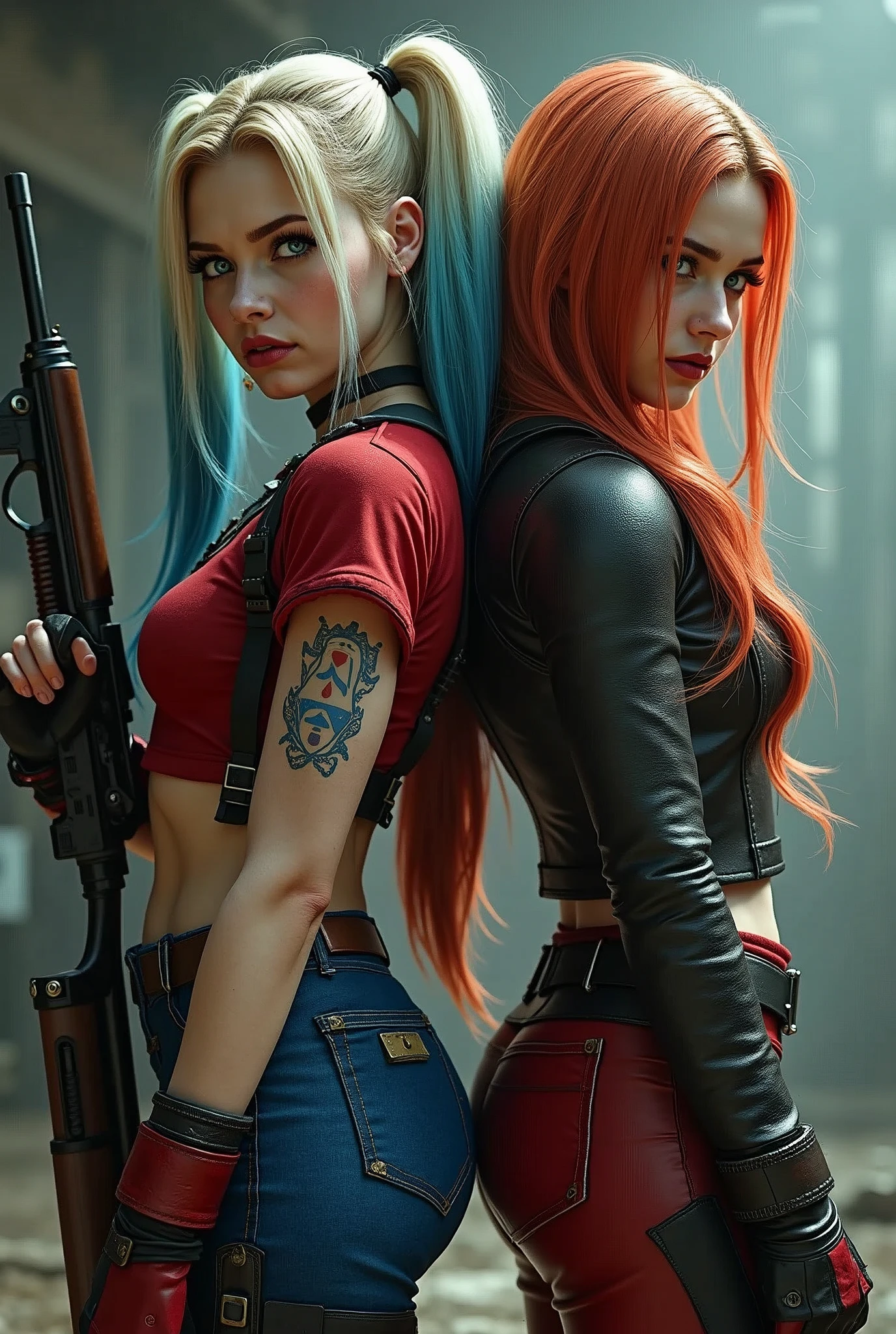 a detailed realistic M_SHOT of HARLEY QUINN AND GINGER GIRL standing back to back warrior, holding a shotgun--- cinematic=canon 5d, ultra skin intricate clothes accurate hands, BLUE eyes, perfect eyes, best quality, extremely sharp focus face, analog fine film grain, post-apocalyptic, cinematic, realistic, trending art station, helicopter, flag of israel. focus, studio photo, details, highly Rutkowski, intricate, busy, raw, 64k, isometric, digital smog, 3d render, octane volumetry--,{{{ UHD detailed eyes}}} and lips,beautiful detailed face,long eyelashes,smooth skin,natural body shape--hyper realistic fur:1.3), (detailed fur:1.2), (fur covered body:1.2), (male:1), (canine features:0.5), (expressive face, detailed face:1.3), (realistic:1.3), (photorealistic, photo-realistic:1.2), full color, (3d:2), (highly detailed:1.2), masterpiece, 64k.