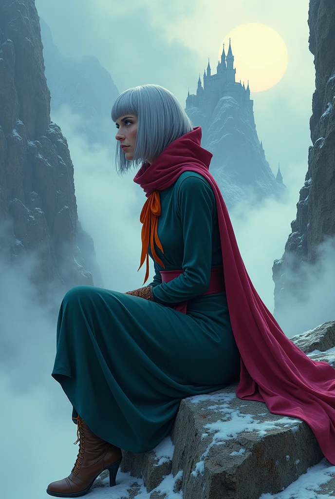 (Ultra-detailed face, looking away, Fantasy Illustration with Gothic, Ukiyo-e, Comic Art, Rich colors),
BREAK
(This is a steep, rocky mountain at 5,000 meters above sea level. The visibility is poor due to thick fog. The view of white fog is spreading.),
BREAK
(DarkElves: A middle-aged dark elf woman with silver color hair, blunt bangs, bob cut and dark purple color skin, lavender color eyes),
BREAK
(A female dark elf vampire hunter wears a crimson veil, a blue ruby cloak, a traditional deep green Victorian tight dress with a large orange ribbon, and brown boots.),
BREAK
(A female dark elf vampire hunter is kneeling on a frosty rock, with Dracula's Castle, perched on a steep rocky hill, in front of her. A deep fog surrounds her, and the sunlight from behind her seems to cloak her in an aura of rainbows. Brocken phenomenon. parabolic effect.), (The area is dimly lit by a deep fog that seems to block out the sunlight, like smoke.)