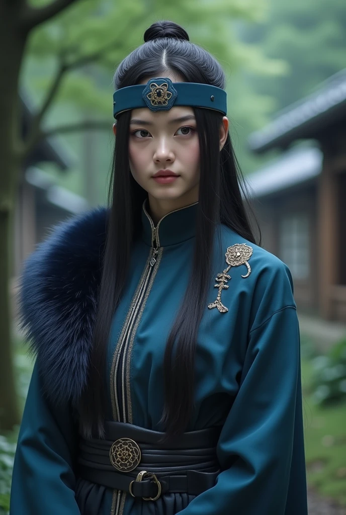 generate image live action dark fantasy,Hinata Hyuga Real Life Live Action,Actress Aoi Miyazaki purple eyes real life,konoha,Hinata Hyuga Roundabout,blue black fur,Actress with Konoha headband, Aoi Miyazaki, live action in real life