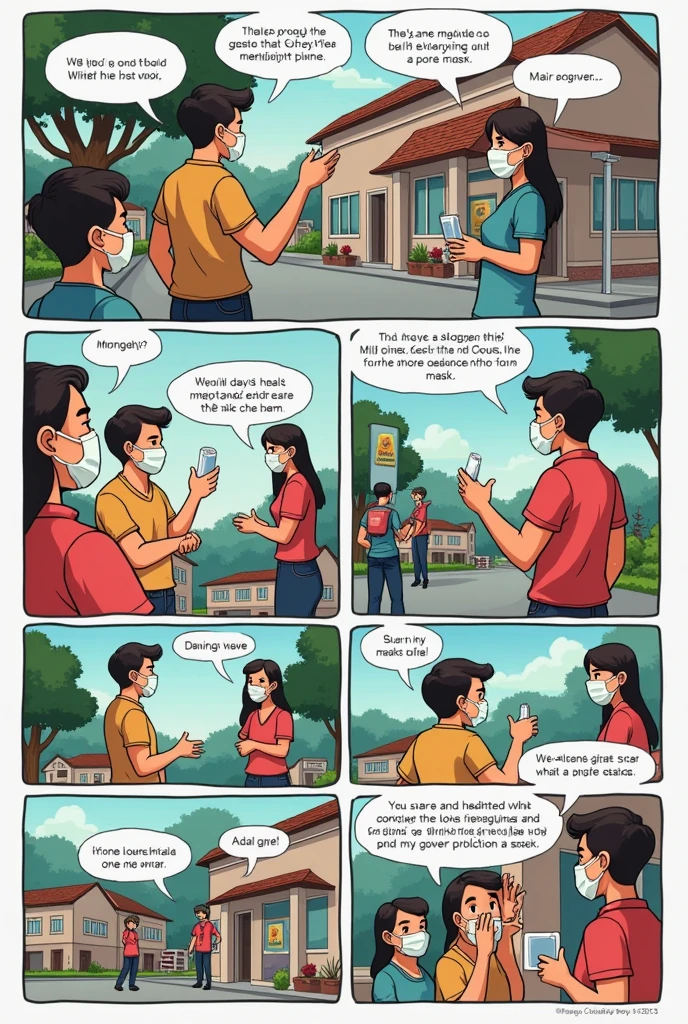 create a comic strip to communicate the benefits of following health protocols during a Dengue outbreak or the COVID-19 pandemic in your community. You plan to use images of people or authorities to represent characters, but will write your own original dialogue and text. make sure they use mask and use english language