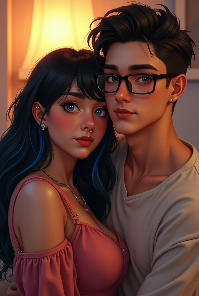 Couple of boyfriends she curvy body, big cheeks black hair with blue, big brown eyes light skin with piercing in the nose and tongue and with light skin, straight hair styled up and small rectangular glasses