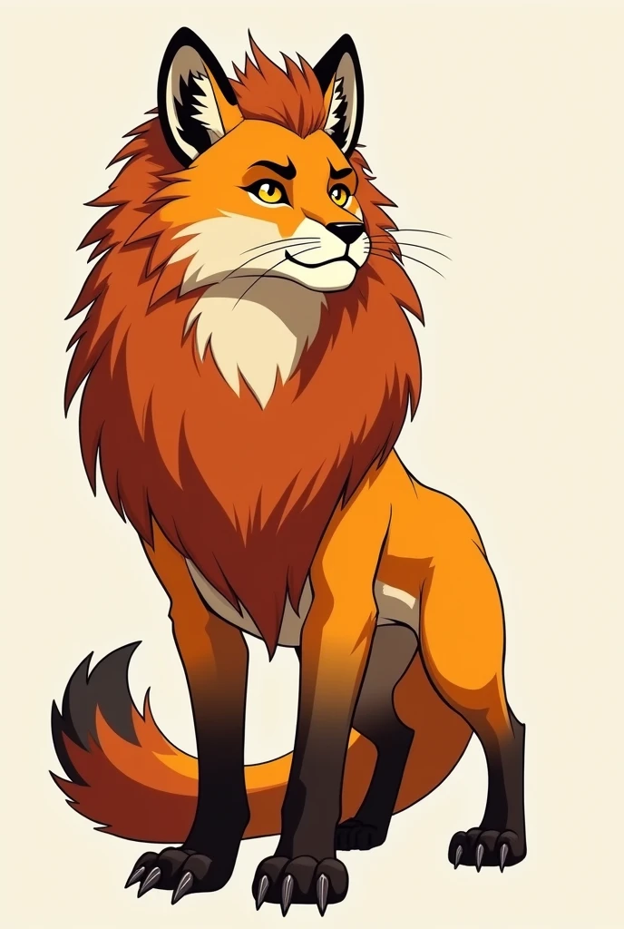 Merge a male lion with an orange fox, in a serious cartoon style with simple colors and thin lines
