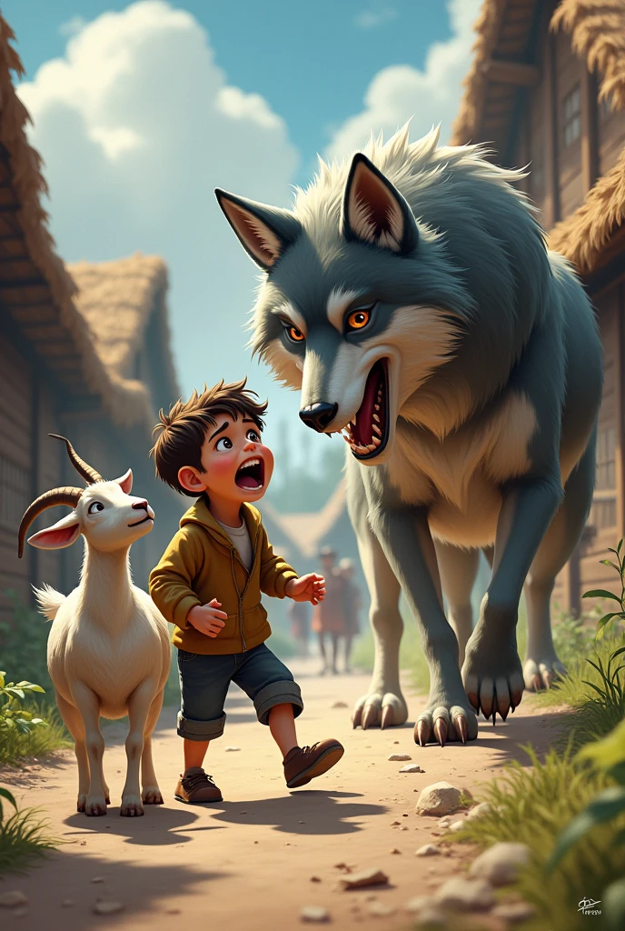  boy shouting in village with his goat's 
Help help  wolf attack on young boy