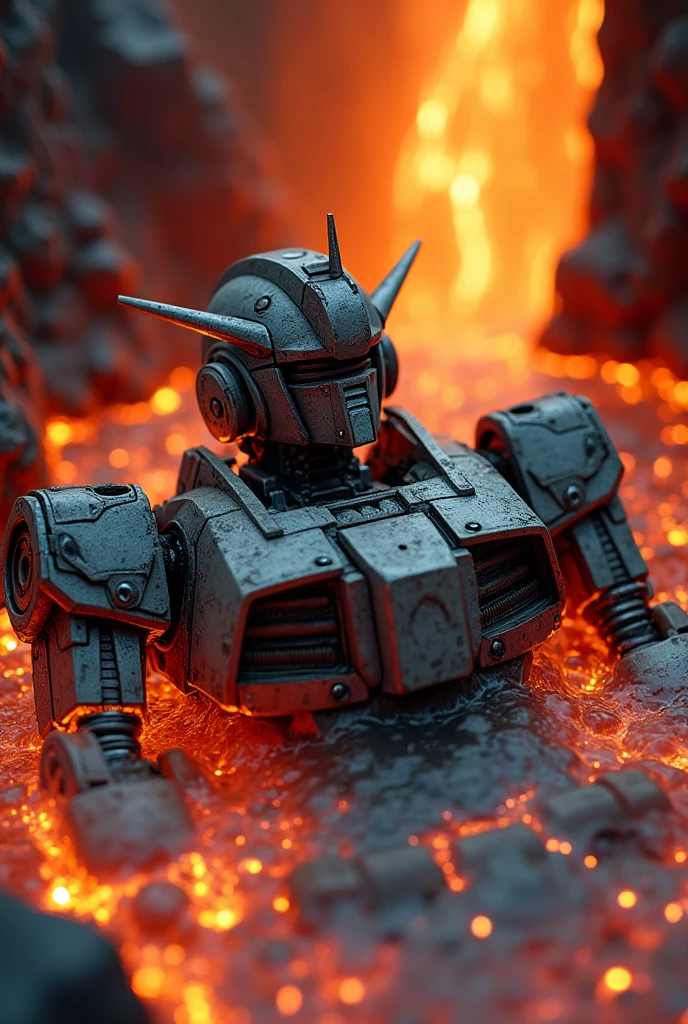 a gundam 78v2 robot, sleeping on lava, half body in lava, tilt-shift photography, upper angle shot, highly detailed, 8k, photorealistic, cinematic lighting, dramatic shadows, vibrant colors, glowing lava, weathered and damaged mech, intricate mech details, technical and mechanicala gundam 78v2 robot without legs and arms, sleeping on lava, tilt-shift photography, upper angle shot, battle damaged, lava waterfall background, 8k, high quality, realistic, photorealistic, cinematic lighting, dramatic, epic, masterpiece
