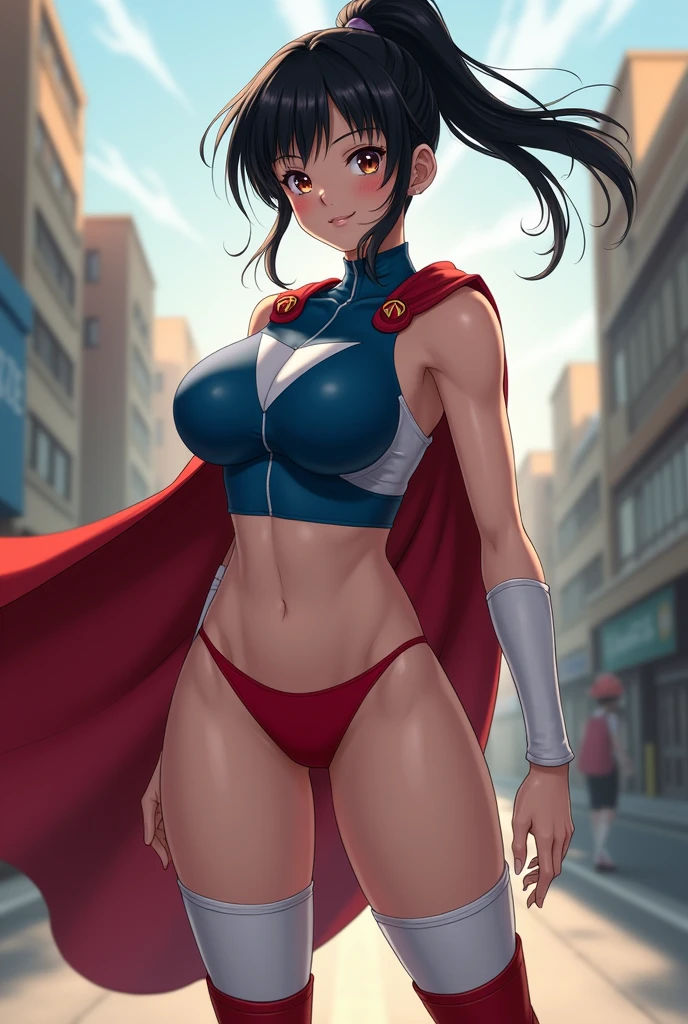 Female, japanese, full body, round face, pretty, wide eyes, dark hair, ponytail, athletic build, medium breasts, spandex, red cape, tight, sleeveless, blue top with white sides, up side down white triangle symbol, belly cut-out bodysuit, red underwear, white thigh-high socks, red boots, short blue fingerless, white shooter sleeves, red domino mask, horny expressions. Avoid: anime style.