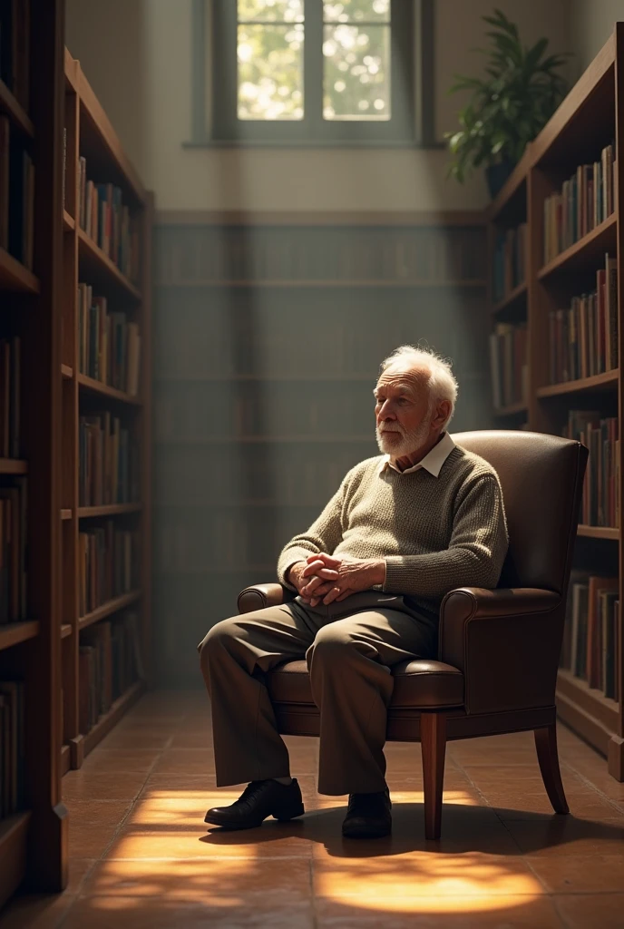 An uncle sitting alone on a chair in the school library