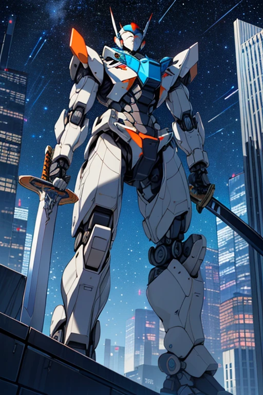 ((Highest quality))　((Giant robot with sword))　((Starry Sky))　((Between the Skyscrapers))　((Blue and white color scheme))