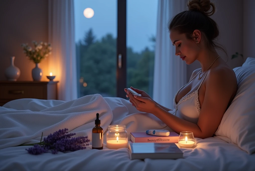 A serene nighttime bedroom scene, softly illuminated by moonlight streaming through a window. A luxurious bed with a silk pillowcase is the focal point, with a woman’s hands delicately applying cream to her face, reflecting a sense of calm and care. Nearby, a glass bottle of serum, a fluffy towel, and a lit lavender-scented candle create a tranquil atmosphere. On a nightstand, a small vase with fresh flowers, a lip balm, and a book titled 'Beauty Rituals ' add to the scene, emphasizing the idea of a transformative nighttime beauty routine.

