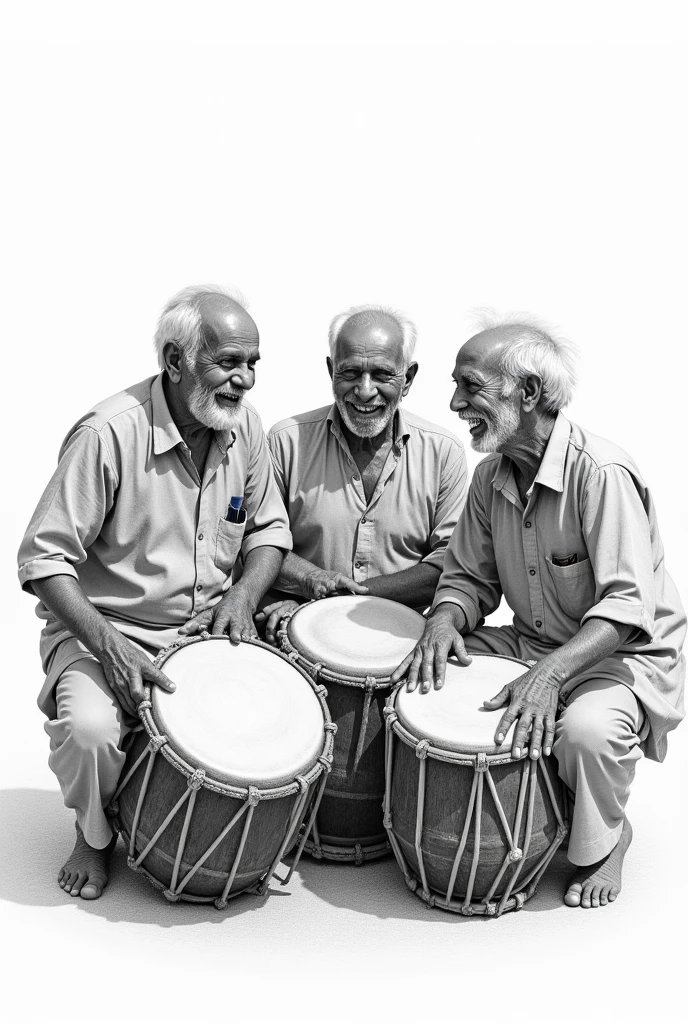 3 Old drummers happy face reaction while playing dhol. Pencil sketch 