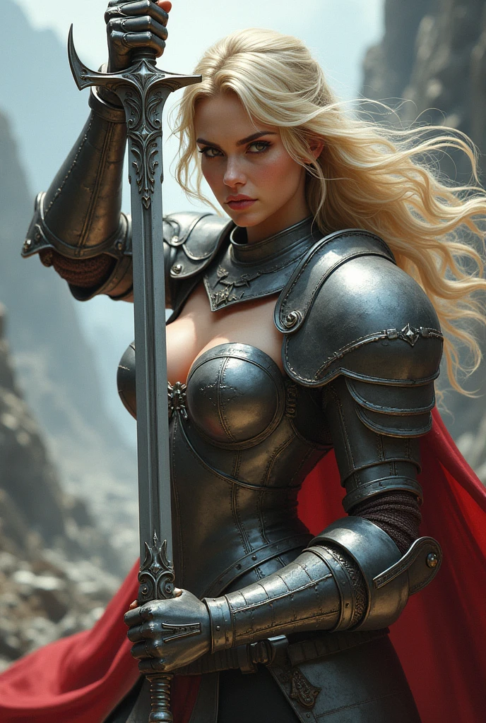 woman. blonde. Knight armour. a sword. naked to the waist