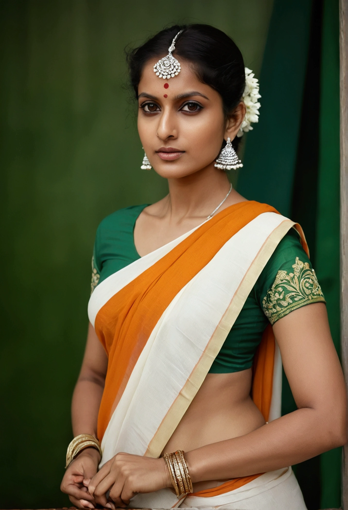 In the view of independence day a indian woman wears a sari safforn color and a blouse white colour , her outfit is made up of tricolour saffron, white, green, looking stunning, sexy, hot, deep cleavage, 