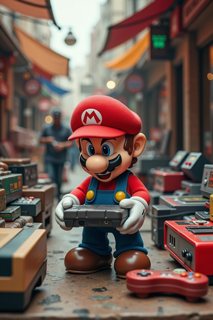 Super Mario is at a flea market stall with retro video games and a game in his hand