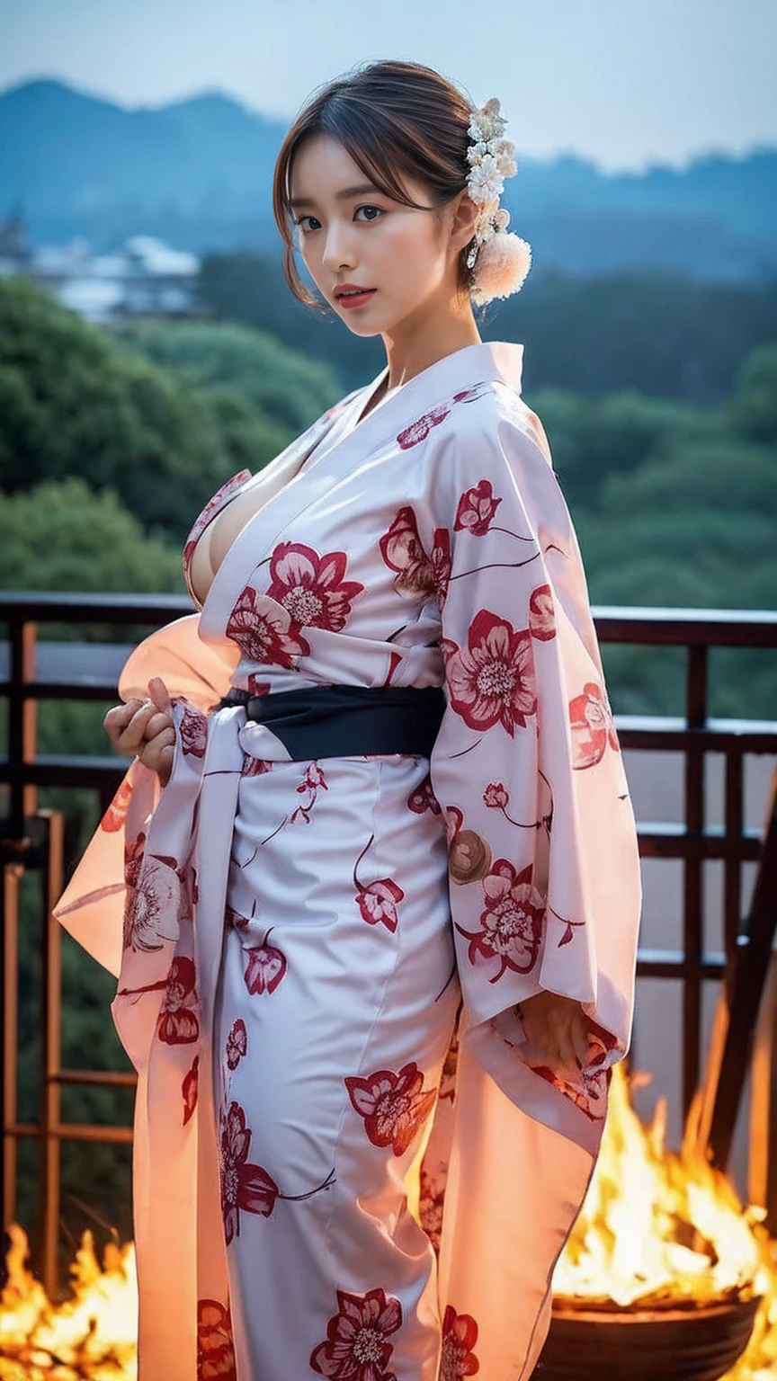 ((bigbreast:1.2)),A glamorous and voluptuous woman wearing a traditional yukata is standing gracefully with the Kyoto Gozan mountains in the background, where the giant “Daimonji” bonfire is burning brightly on the hillside. The scene is set at night, with the large “大” character glowing prominently against the dark sky. The full-body shot captures her entire figure, from head to toe, emphasizing the elegance of her yukata and her poised stance. The soft, warm light from the distant fire illuminates her figure, creating a serene and atmospheric scene. The image should be highly detailed and realistic.