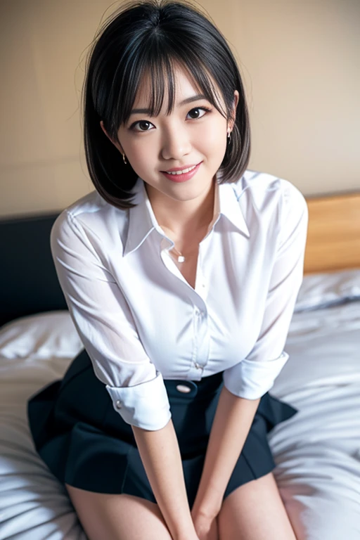 (A beautiful Japanese office lady, age 28, wearing formal White shirt with buttons & grey mini-skirt, sitting in bed, legs crossed, at midnight, 

😈 Mischievous expressions, cheeky smile, dimpled cheeks, cute snaggle-tooth, short bob hair, short ponytail, symmetrical face, realistic detailed face, beautiful detailed eyes, detailed face, perfect body proportions, ample round bosoms, medium breasts,

photorealistic, hyper-realism, high contrast, ultra HD, realistic skin textures, top image quality, top-quality, super high resolution, fine details, very meticulously, masterpiece, head to knees, High Angle Shot, full body shot, cowboy shot, bokeh background)