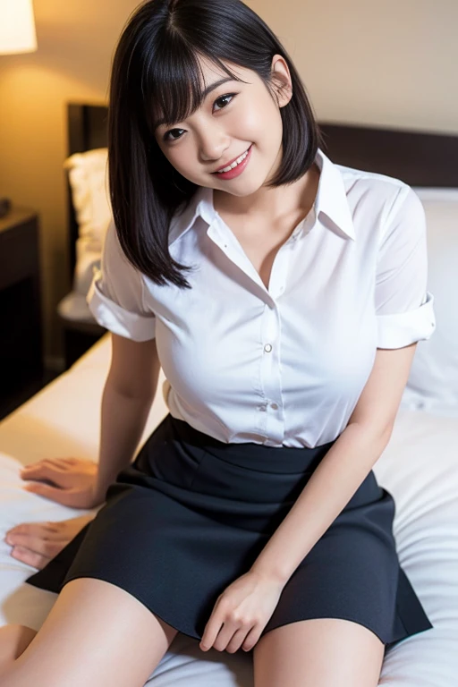 (A beautiful Japanese office lady, age 28, wearing formal White shirt with buttons & grey mini-skirt, sitting in bed, legs crossed, at midnight, 

😈 Mischievous expressions, cheeky smile, dimpled cheeks, cute snaggle-tooth, short bob hair, short ponytail, symmetrical face, realistic detailed face, beautiful detailed eyes, detailed face, perfect body proportions, ample round bosoms, medium breasts,

photorealistic, hyper-realism, high contrast, ultra HD, realistic skin textures, top image quality, top-quality, super high resolution, fine details, very meticulously, masterpiece, head to knees, High Angle Shot, full body shot, cowboy shot, bokeh background)