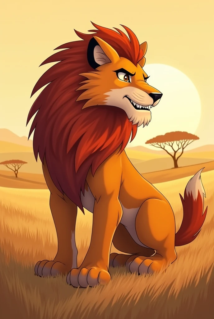 Merge a male lion with an orange fox, in a serious cartoon style with simple colors and thin lines with an African background