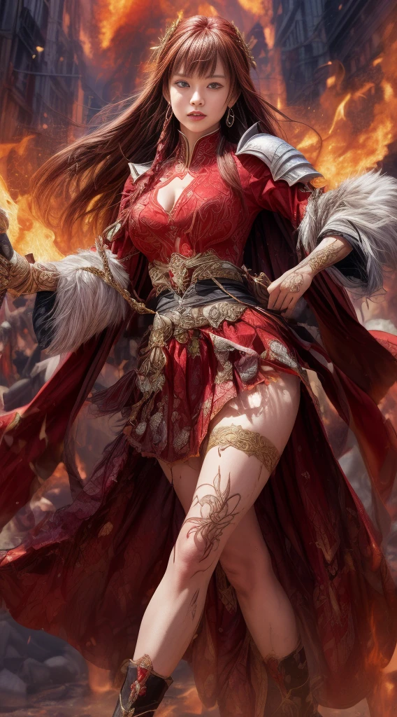 Very beautiful woman、Slender women、(Detailed face)、Realistic Skin、((Knight of Fire)), (((Red Armor:1.25)))、((((Black armor with very fine and intricate decoration))))、((Delicate photo)),(Girl Astepeace RAW Photo Details:1.25), (highest quality:1.6), (超A high resolution:1.5), (Realistic:1.75), 8K resolution, Canon EOS R5, 50mm, Absurd, Ultra-detailed,Cinema Lighting,Battlefields of Medieval Europe、((battle))、RPG World、Final Fantasy、(((Embellished skirt)))、Thigh-high socks、Shin Guards、night、((too long bangs))、((One long thick dark red hair braid))、Get six-pack、Torn Cloak、Beautiful Armor、(((Giant Sword)))、In combat、The wind is blowing、(((Inferno filling the entire area)))、(((Leading a large group of red knights)))、(((Knight Commander)))、Armor with a Phoenix motif、Old wounds on the face:1.2、((Fire blaze))