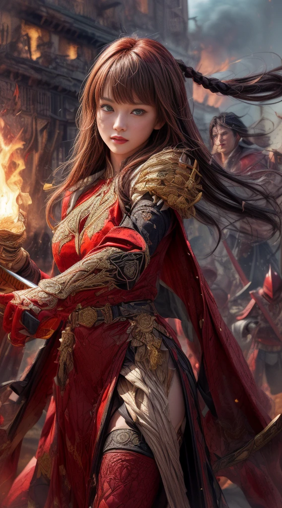 Very beautiful woman、Slender women、(Detailed face)、Realistic Skin、((Knight of Fire)), (((Red Armor:1.25)))、((((Black armor with very fine and intricate decoration))))、((Delicate photo)),(Girl Astepeace RAW Photo Details:1.25), (highest quality:1.6), (超A high resolution:1.5), (Realistic:1.75), 8K resolution, Canon EOS R5, 50mm, Absurd, Ultra-detailed,Cinema Lighting,Battlefields of Medieval Europe、((battle))、RPG World、Final Fantasy、(((Embellished skirt)))、Thigh-high socks、Shin Guards、night、((too long bangs))、((One long thick dark red hair braid))、Get six-pack、Torn Cloak、Beautiful Armor、(((Giant Sword)))、In combat、The wind is blowing、(((Inferno filling the entire area)))、(((Leading a large group of red knights)))、(((Knight Commander)))、Armor with a Phoenix motif、Old wounds on the face:1.2、((Fire blaze))