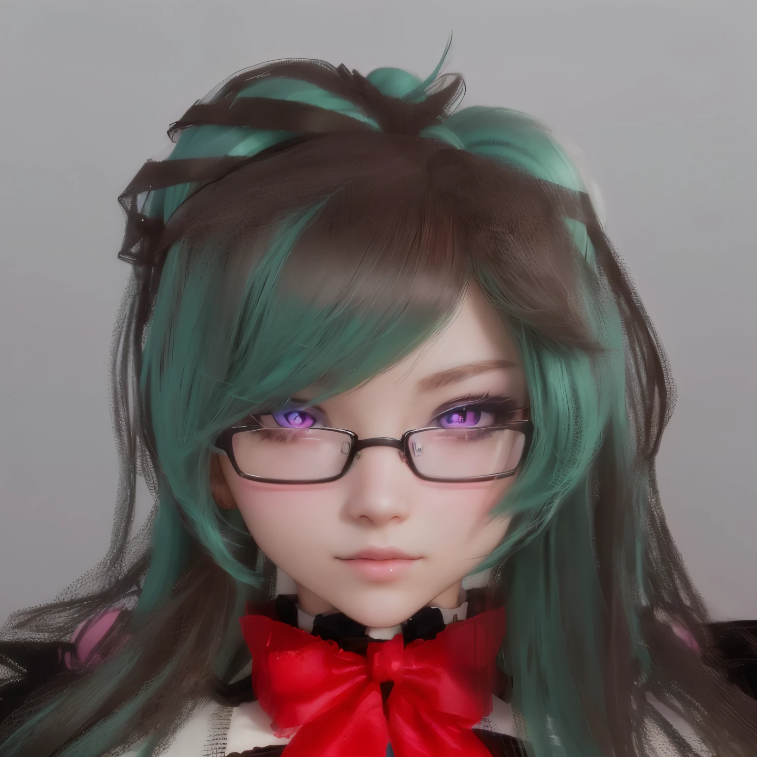 Close up portrait of woman in glasses and bow tie, Anime-style 3D, Pink pigtails and cyan eyes, Mikudayo, 3D Anime Real, Belle Delphine, Close-up of a young anime girl, Has a very detailed face, Realistic Anime 3D Style, Cute 3D anime rendering, realistic young anime