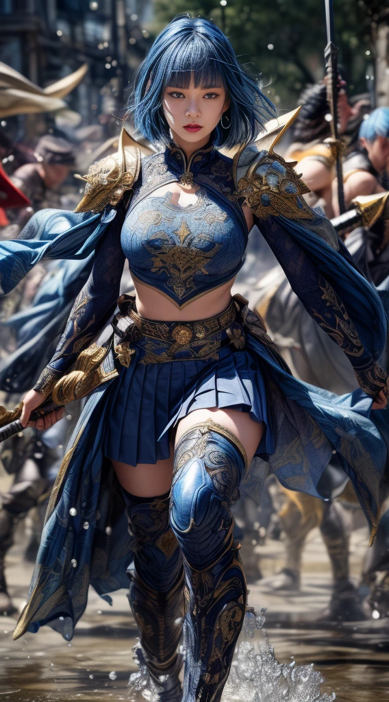 Very beautiful woman、Slender women、(Detailed face)、Realistic Skin、((holy knight)), ((Navy Blue Armor))、((((Black armor with very fine and intricate decoration:1.1))))、((Delicate photo))，(Girl Astepeace RAW Photo Details:1.25), (highest quality:1.6), (超A high resolution:1.5), (Realistic:1.75), 8K resolution, Canon EOS R5, 50mm, Absurd, Ultra-detailed,Cinema Lighting,((battlefield))、((battle))、(((Navy Skirt with Embellishments)))、Thigh-high socks、Shin Guards、((Dark blue hair))、((Bowl cut hairstyle with bangs,))、Get six-pack、Cape、Beautiful Armor、(((Has a huge weapon)))、(In combat)、The wind is blowing、((Symmetrical Armor))、((((Splash))))、(((Leading a large group of blue knights:1.2)))、Round Glasses:1.4、Banner、Armor with a dragon motif、(((Intense battle scenes)))