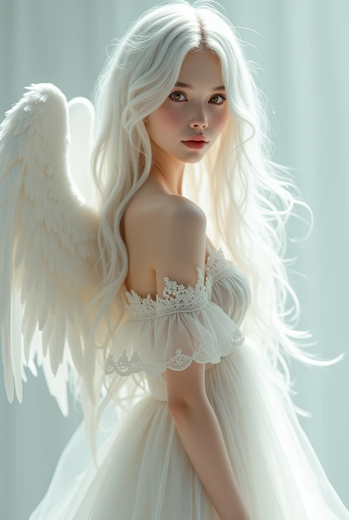 A girl whose skinny, tall, long white hair, brown eyes, big eyes, have a white wings, clean, kind, gorgeous dress, realistic