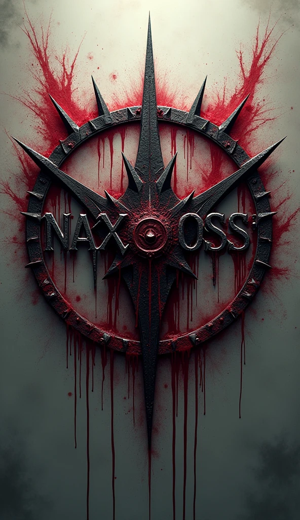 Logo "NAXZOSS", in the style of demonic Gothic, graphics, circle, spines of the letter NAXZOSS, Difficult, ultradetail, Image clarity, bloody and milky background.