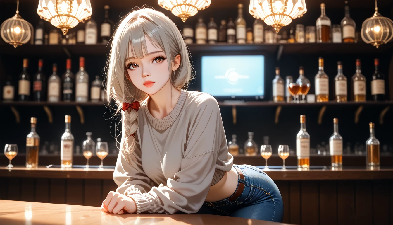 8 K, Best quality, Delicate facial features, True skin shine, cute girl, shy, facing the camera, The girl is sitting at a bar in a gray mesh sweater and tight jeans, clear the panel background, looking out over the sea, Hands on the bar counter, hips, slender body, big breasts, 24 years, charming, seductive eyes, Clear drawing of details, Shine, cinematic film still,score_9,score_8_up,score_7_up,dramatic lighting,highly detailed,high budget,bokeh,cinemascope,moody,epic,gorgeous,film grain,grainy,masterpiece,best quality,perfect anatomy,very aesthetic,official art,8k, bright colors, A clear picture, The entire image is whole, All according to the Author, masterpiece, Accurate result completed, Highest quality processing,
