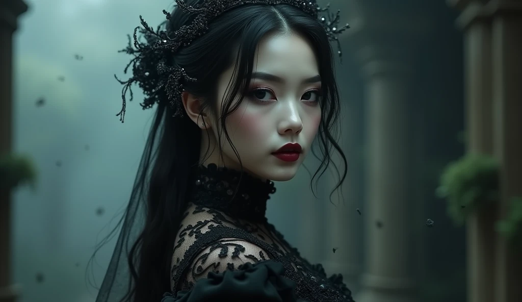 A highly detailed photorealistic image, a close up of a beautiful japanese woman, dreamy gothic girl, gothic make-up, she is a vampire, beautiful face, detailed face, elegant render, half body photo, mistress, photoshop render, ebony rococo, elegant girl, female spy, haunting beautiful young woman, detailed face, extravagant dress, beauty girl, very femenine, dark haze atmoosphere, ambient dust