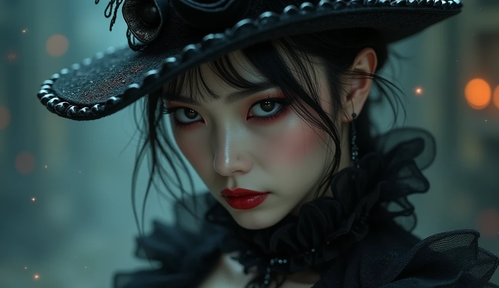 A highly detailed photorealistic image, a close up of a beautiful japanese woman, dreamy gothic girl, gothic make-up, she is a vampire, beautiful face, detailed face, elegant render, half body photo, mistress, photoshop render, ebony rococo, elegant girl, female spy, haunting beautiful young woman, detailed face, extravagant dress, beauty girl, very femenine, dark haze atmoosphere, ambient dust