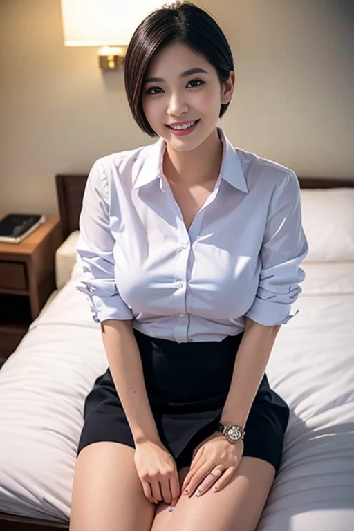 (A beautiful Japanese office lady, age 28, wearing formal White shirt with buttons & grey mini-skirt, sitting in bed, legs crossed, at midnight, 

😈 Mischievous expressions, cheeky smile, dimpled cheeks, cute snaggle-tooth, short bob hair, short ponytail, symmetrical face, realistic detailed face, beautiful detailed eyes, detailed face, perfect body proportions, ample round bosoms, medium breasts,

photorealistic, hyper-realism, high contrast, ultra HD, realistic skin textures, top image quality, top-quality, super high resolution, fine details, very meticulously, masterpiece, head to knees, High Angle Shot, full body shot, cowboy shot, bokeh background)