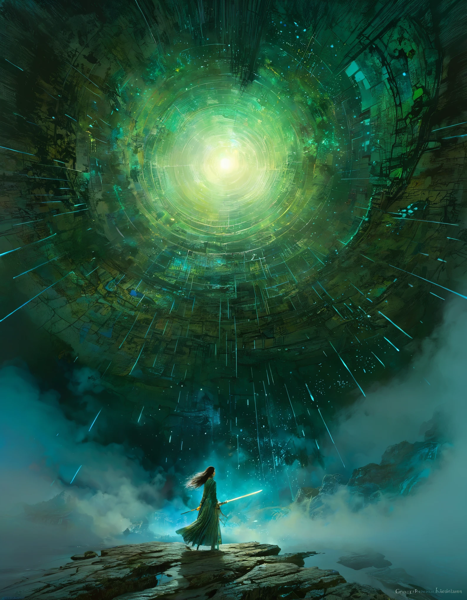 (彩色的fog), (一個女孩在彩色的fog中飛翔, FOG, Mysterious glow,, Flying in the sky, Fantasy Art, (night:1.4) (前影有fog) (fog) Ultra-high resolution,(((masterpiece))),(((best quality))),((Very detailed)),((Extremely refined)),Movie Lighting,Detailed environment,(real),(Holding a sword:1.2),(Hair combed back, Flowing hair:1.1),Designed by greg manchess,smokes,model woman,Bright Eyes,Glossy lips,Futuristic golden face war paint,Popular on Art Station,photoreal,Eight thousand,Acetate rendering,author:greg rutkowski,Art work:carne griffiths 和 wadim kashin,Inspired by MAPPA and Zdzislaw Beksinski,Hanfu,
