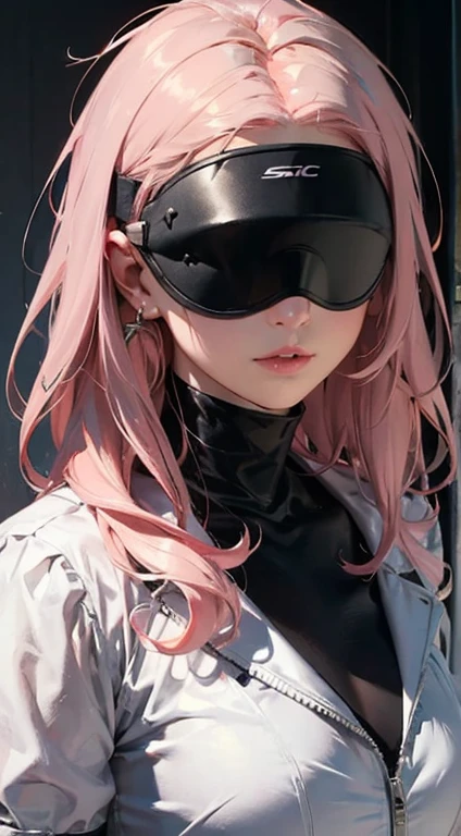 A woman wearing a pink and white sci-fi outfit, and a piece of glass over her eyes, like a visor, she also has pink hair.