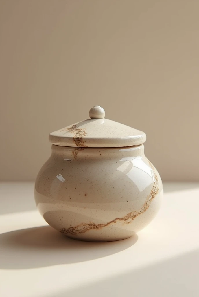 Create an image of a small spice jar or container made of stone. The jar should have a smooth, polished surface with a natural stone texture visible. It should include a lid that fits securely, and the design should be simple yet elegant, highlighting the durability and earthy aesthetic of the stone material.