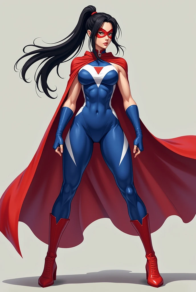 Female, japanese, full body, round face, pretty, wide eyes, dark hair, ponytail, athletic build, fair skin, medium breasts, spandex, red cape, tight, sleeveless, blue top with white sides, up side down white triangle symbol, belly cut-out bodysuit, red underwear, white thigh-high socks, red boots, short blue fingerless, white shooter sleeves, red domino mask, realistic style